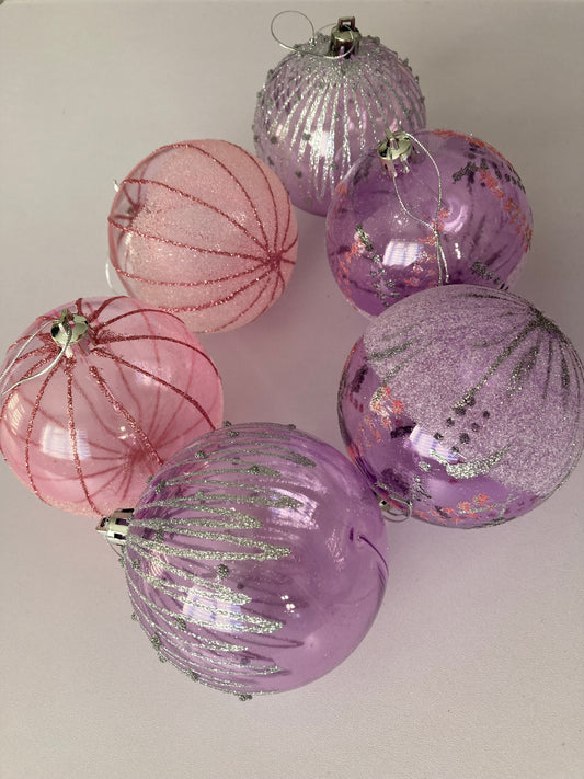 6pck Pink & Purple Christmas Baubles