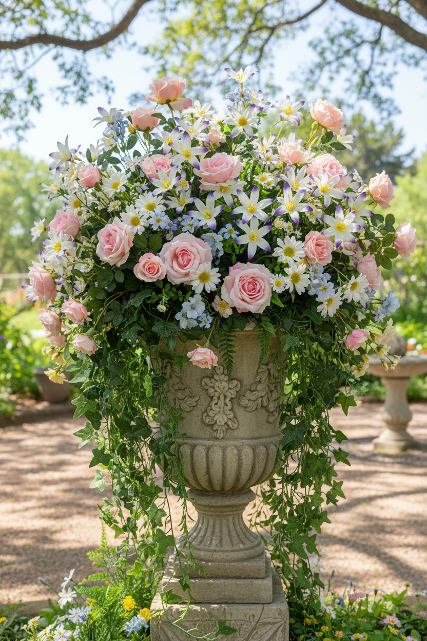 AI generated styling inspiration image showing artificial purple tipped white wild lily stems used in a lavish mixed floral arrangement of pink roses white daisies and blue forget-me-nots spilling over a large ornate stone garden urn planter on a sunlit garden path