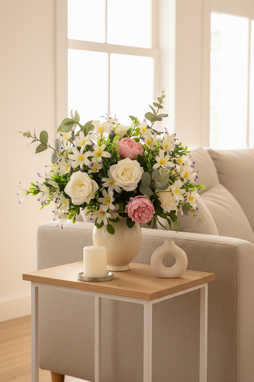 AI generated styling inspiration image showing artificial purple tipped white wild lily stems used in a large mixed floral arrangement of white lilies pink roses and green eucalyptus in a cream ceramic vase displayed on a light wood side table next to a cream sofa with a bright window in the background