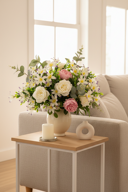 AI generated styling inspiration image showing artificial purple tipped white wild lily stems used in a large mixed floral arrangement of white lilies pink roses and green eucalyptus in a cream ceramic vase displayed on a light wood side table next to a cream sofa with a bright window in the background