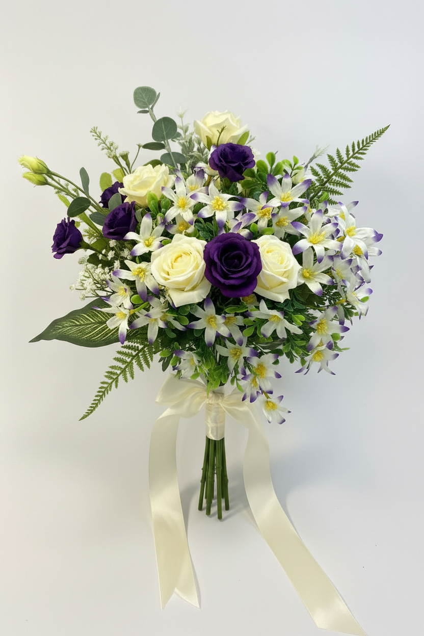 AI generated styling inspiration image showing artificial purple tipped white wild lily stems used in an elegant bridal bouquet with deep purple roses cream roses white daisies green fern fronds and eucalyptus leaves tied with a long flowing cream satin ribbon on a plain light grey background