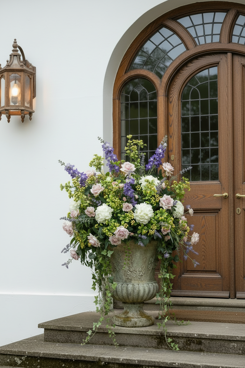 Artificial yellow berry and foliage stems styled in a large elegant stone urn with white roses, purple lavender and green foliage on stone steps outside a grand arched wooden front door