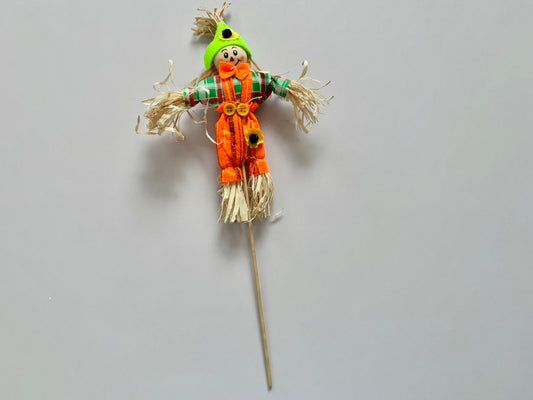 Orange & Green Plaid Scarecrow Autumn Garden Pick | Decorative Harvest Stake