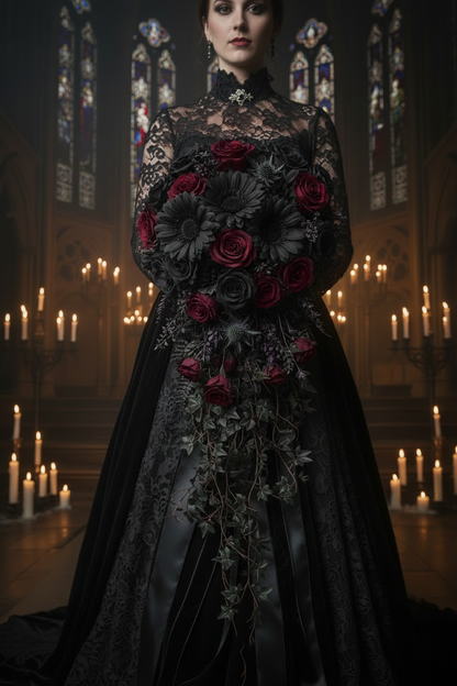 A woman in a dramatic black lace and satin gothic wedding gown stands in a candlelit cathedral interior holding a large bouquet of dark red roses and black gerbera daisies with dark green foliage