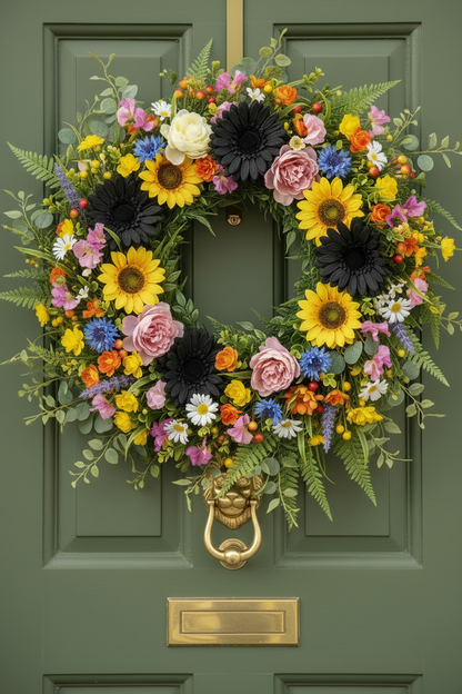 Artificial black gerbera daisies featured in a lush summer door wreath with yellow sunflowers, pink roses, white daisies, blue cornflowers and green ferns on a sage green front door