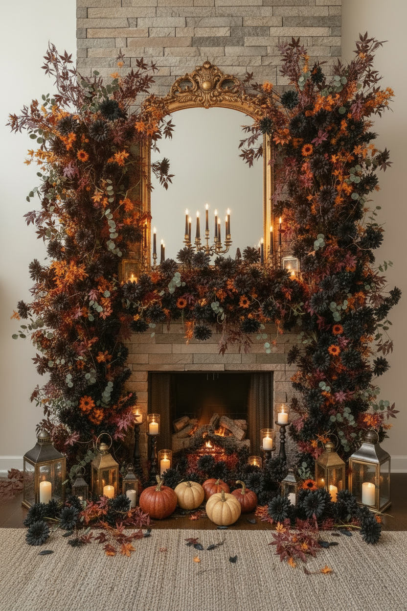Artificial black gerbera daisies styled in a dramatic Halloween fireplace mantle arrangement with autumn foliage, orange pumpkins, dark berries, candles and lanterns around a gold ornate mirror