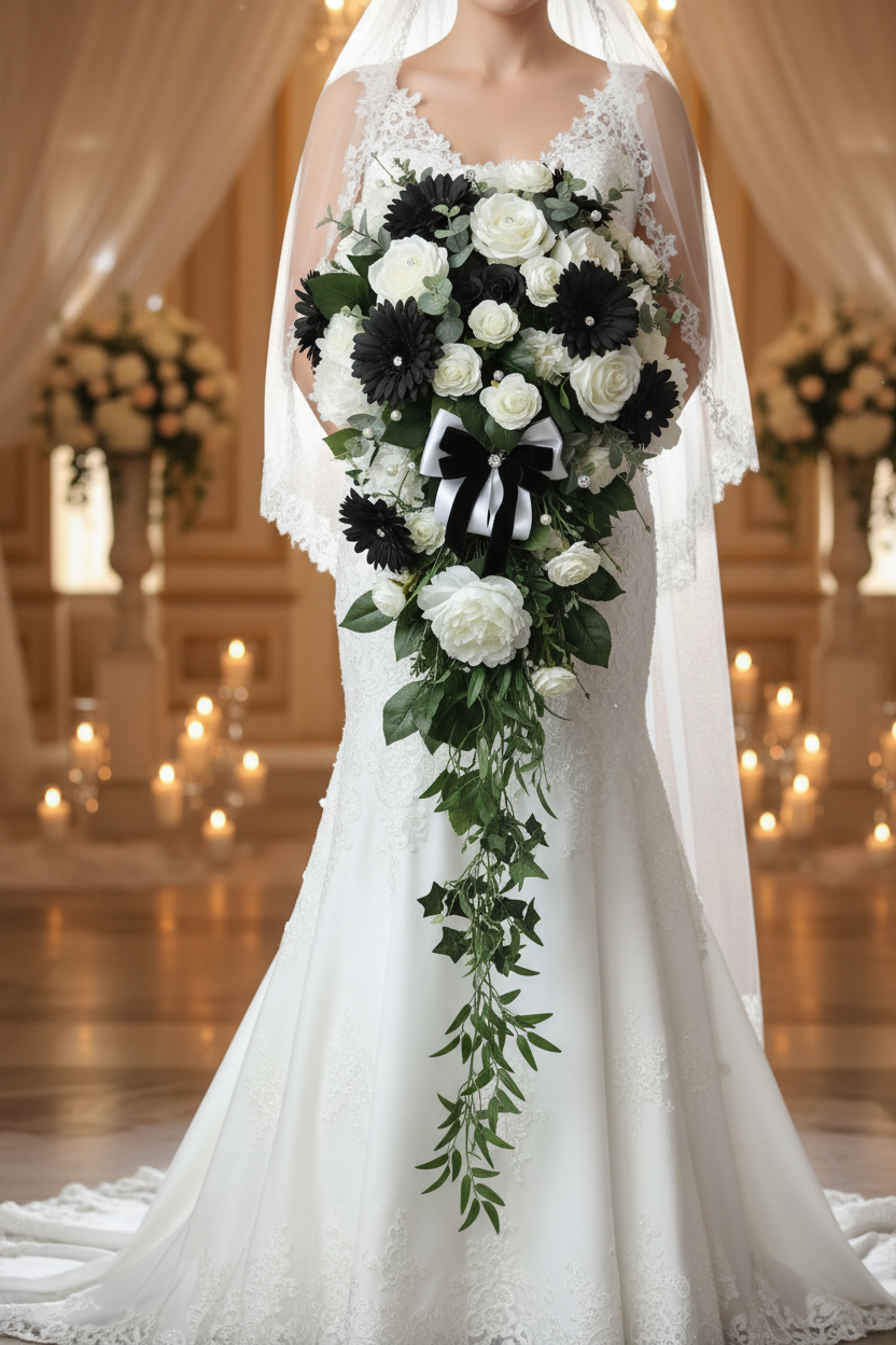 Artificial black gerbera daisies styled in a cascading wedding bouquet with white roses, white gypsophila and dark green trailing foliage held by a bride in a white lace wedding dress in a candlelit venue