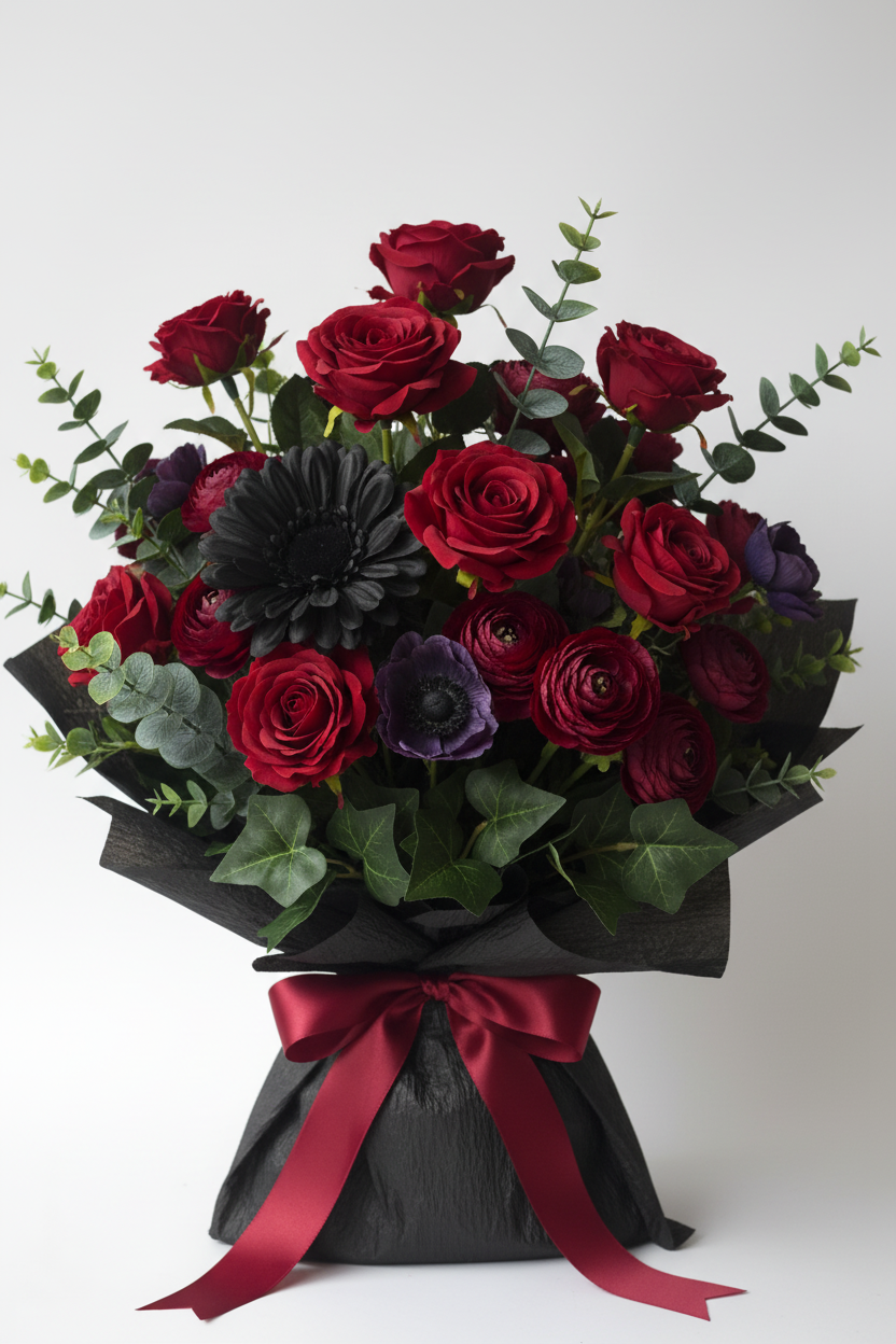 Artificial black gerbera daisies styled in a dramatic gothic Valentine's bouquet with deep red roses, purple anemones and green eucalyptus wrapped in black paper with a dark red satin ribbon bow on a grey background