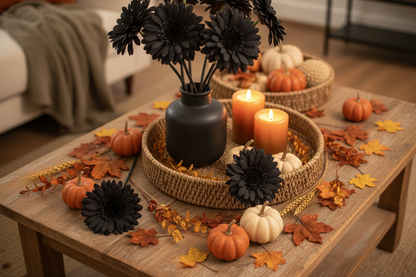 Artificial black gerbera daisies styled in an autumn Halloween coffee table centrepiece with orange pumpkins, scattered autumn leaves, lit pillar candles and a matte black vase on a rustic wooden table