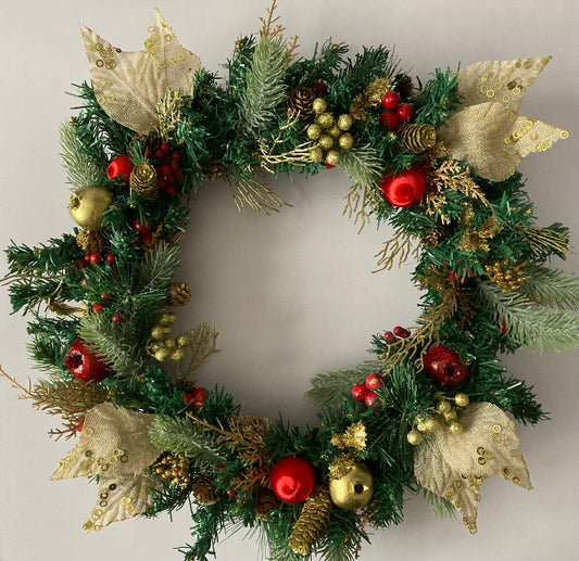 45cm Festive Gold & Red Wreath
