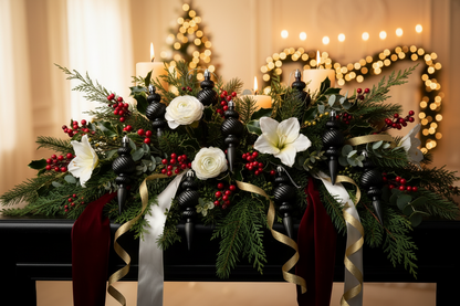 Black Christmas icicle finial baubles styled in a dramatic festive fireplace mantle centrepiece with white roses, white lilies, red berries, green pine branches, burgundy and gold ribbons and lit pillar candles against warm fairy lights in a heart wreath