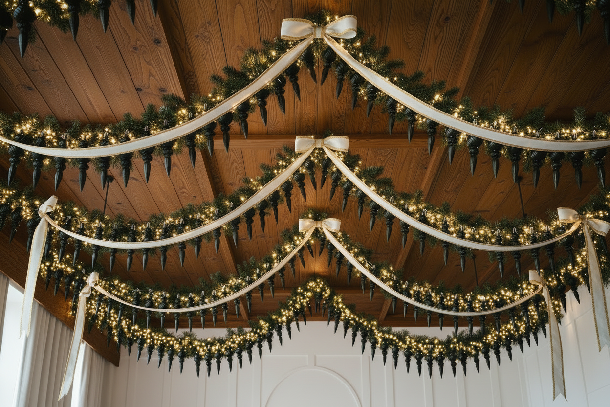 Black Christmas icicle finial baubles styled as hanging ceiling garland decorations with green pine swags, warm fairy string lights and cream satin ribbon bows draped in sweeping arches across a dark wooden vaulted ceiling
