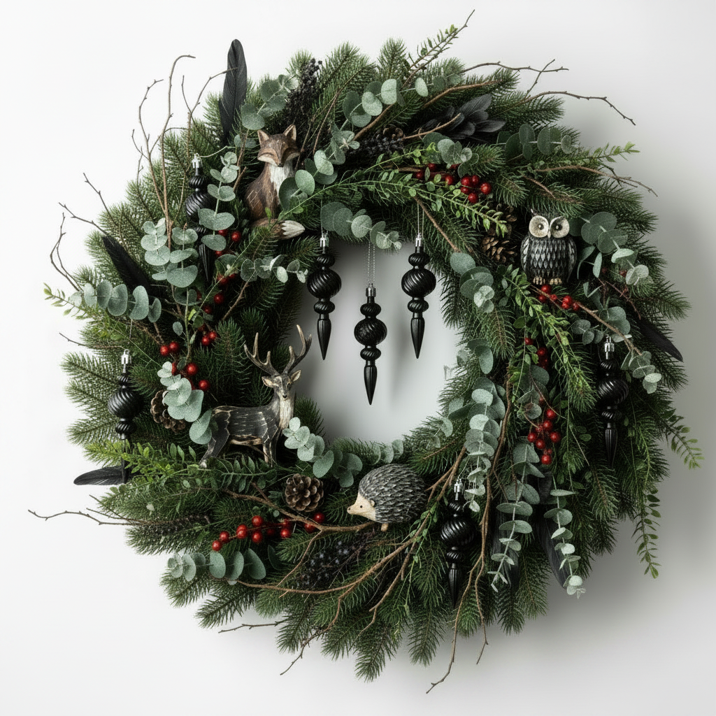 Black Christmas icicle finial baubles styled in a festive winter door wreath with green pine branches, eucalyptus leaves, red berries, pine cones and woodland animal figurines including a deer, owl, hedgehog and fox on a plain white background