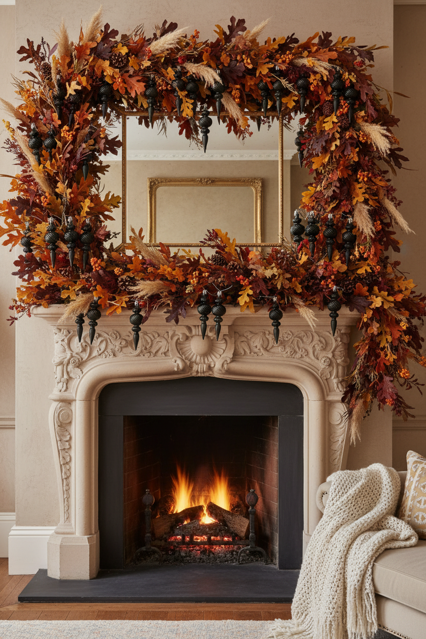 Black Christmas icicle finial baubles styled in an autumn harvest fireplace mantle wreath with large burnt orange and rust coloured autumn leaves, feathers and berries above a lit fireplace in an elegant cream living room with a cream knit throw