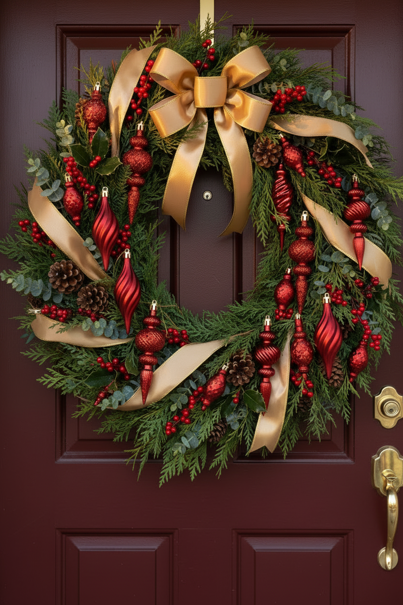 Red Christmas spindle baubles styled in a lush green Christmas door wreath with gold satin ribbon bows, red berries, pine cones and green pine branches hanging on a dark red wooden front door