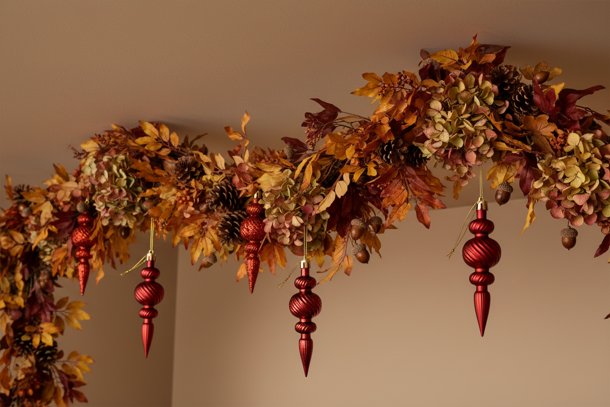 Red Christmas spindle baubles hanging from a lush autumn wall garland with faux oak leaves, dried hydrangea heads, pine cones and acorns in rich amber, rust and green tones mounted against a plain beige wall