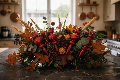 Red Christmas spindle baubles styled in a lush autumn harvest table centrepiece with dried wheat stems, orange and red maple leaves, pine cones, eucalyptus foliage, dark berries and sunflower heads arranged on a dark marble kitchen countertop