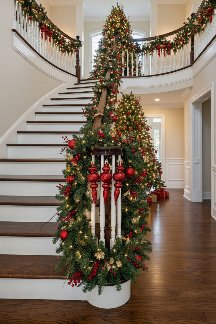 Red Christmas spindle baubles styled on a tall decorated Christmas tree and lush green staircase garland with red ribbon bows, large round red baubles and warm fairy lights in a grand home interior with dark wood flooring and white banisters