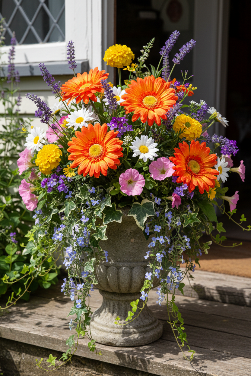 Artificial orange gerbera daisies styled in a vibrant mixed floral arrangement in a stone urn with pink and white daisies, yellow marigolds, purple lavender and trailing green ivy on a wooden porch
