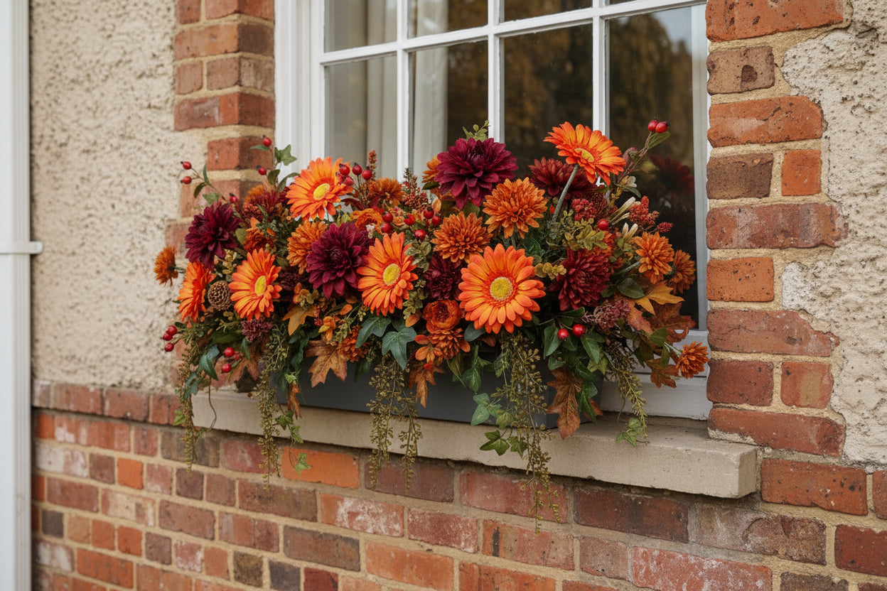 Artificial orange gerbera daisies styled in a lush autumnal window box arrangement with burgundy dahlias, red berries, orange and rust foliage and trailing greenery on a brick wall exterior