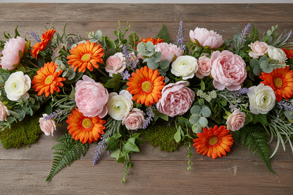 Artificial orange gerbera daisies styled in a lush wedding table runner with pink peonies, white ranunculus, green ferns, lavender sprigs and eucalyptus on a rustic wooden surface
