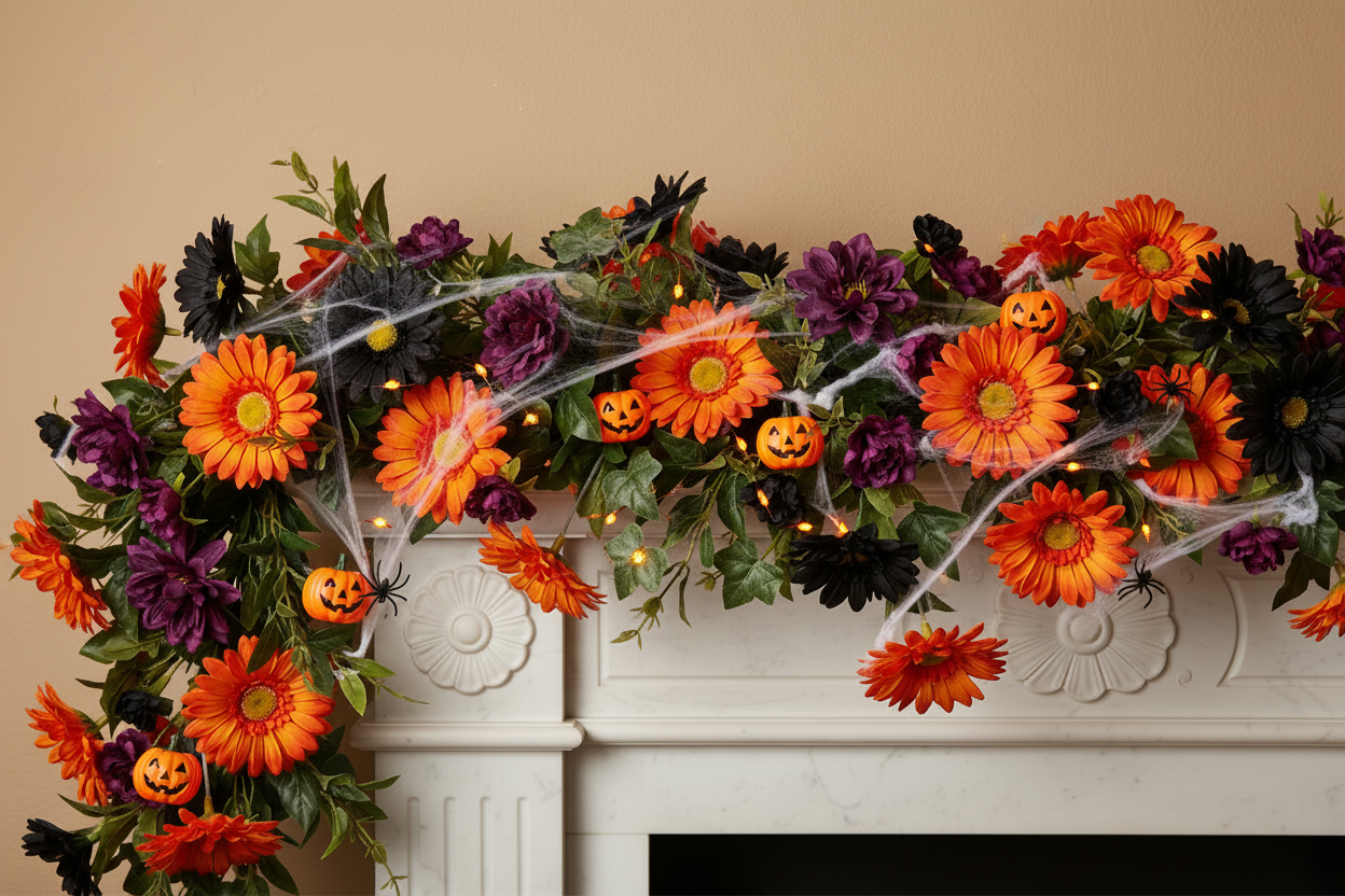  Artificial orange gerbera daisies styled in a Halloween fireplace garland with purple dahlias, small jack-o-lanterns, green leaves and white spiderwebs draped across a white mantelpiece