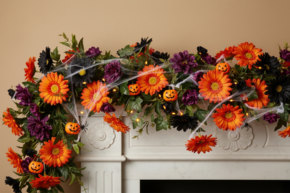  Artificial orange gerbera daisies styled in a Halloween fireplace garland with purple dahlias, small jack-o-lanterns, green leaves and white spiderwebs draped across a white mantelpiece