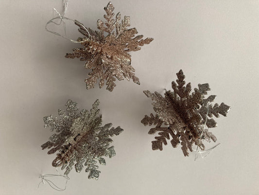 3pk Rose Gold Snowflake Baubles
