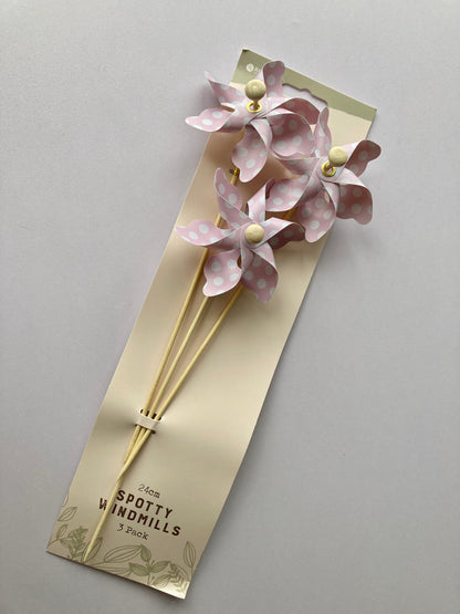 3pk Pink Polka Dot Windmill Picks