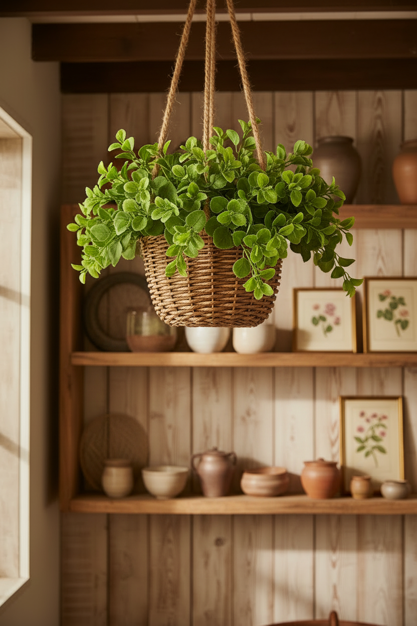 AI lifestyle image of a woven wicker hanging basket overflowing with lush green patchouli leaf foliage suspended by rope cords above a warm rustic wooden shelf display with ceramic bowls, small potted plants and botanical framed prints in a warmly lit cottage kitchen interior
