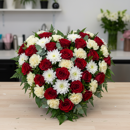 AI lifestyle image of a stunning completed heart shaped funeral floral tribute built on a polystyrene heart wreath frame densely covered with deep red roses, white chrysanthemums, cream carnations and soft green eucalyptus foliage arranged in a full lush heart shape, displayed on a wooden table in a bright modern florist studio setting
