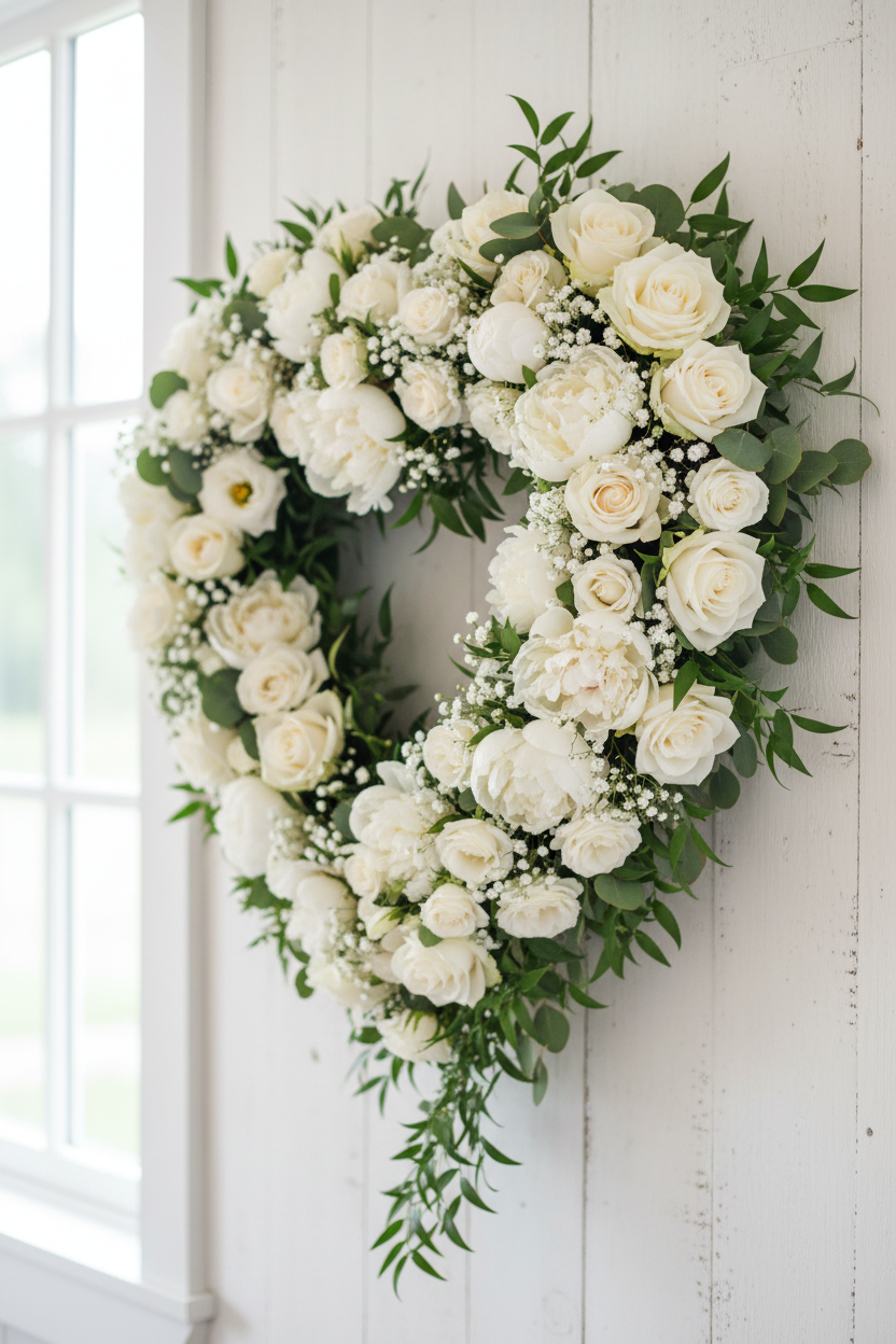 AI lifestyle image of a stunning completed wedding heart wall decoration built on a polystyrene heart wreath frame fully covered with fresh ivory white roses, cream peonies, white gypsophila baby's breath and trailing green eucalyptus foliage, displayed hanging on a white panelled wall in an elegant wedding venue with soft natural window light