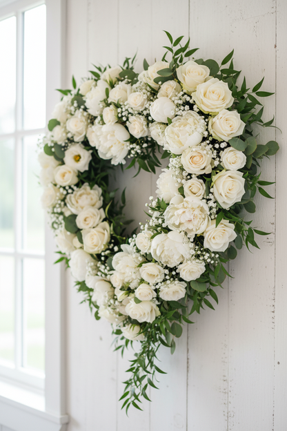 AI lifestyle image of a stunning completed wedding heart wall decoration built on a polystyrene heart wreath frame fully covered with fresh ivory white roses, cream peonies, white gypsophila baby's breath and trailing green eucalyptus foliage, displayed hanging on a white panelled wall in an elegant wedding venue with soft natural window light