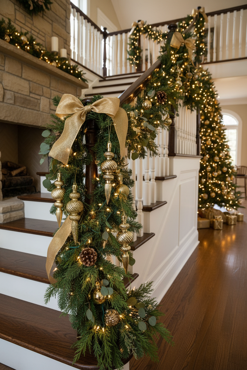 Gold Christmas spindle baubles styled in a lush green Christmas staircase garland with gold ribbon bows, round gold baubles, pine cones and warm fairy lights draped along a grand wooden staircase banister in a large elegant home interior