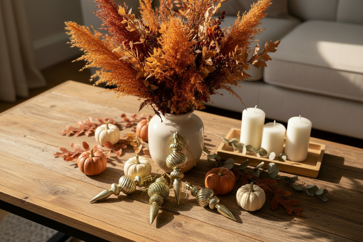 Gold Christmas spindle baubles used as decorative accents in an autumn harvest table centrepiece with dried orange pampas grass, mini pumpkins, white pillar candles and autumn leaves scattered on a rustic wooden coffee table in a warm neutral living room