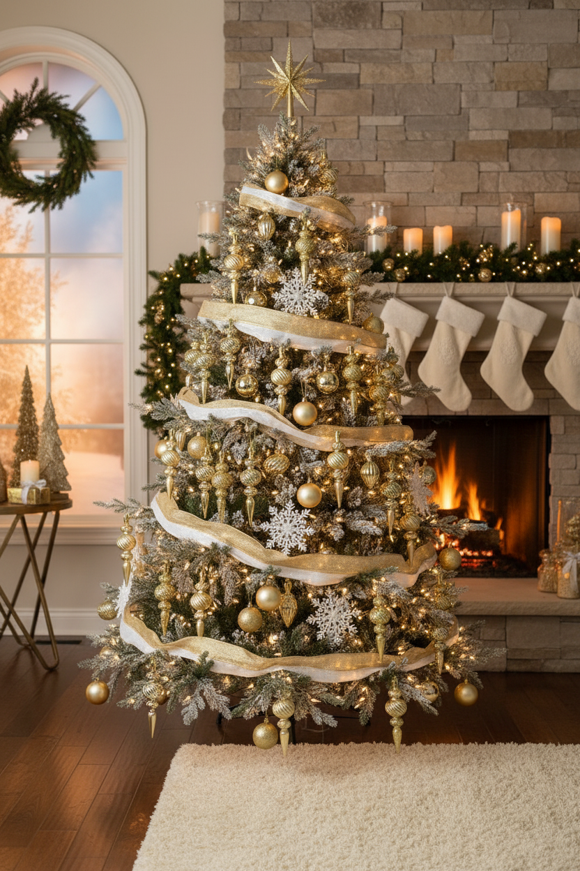 Gold Christmas spindle baubles styled on a beautifully decorated gold and white Christmas tree with ribbon swags, snowflake ornaments, round gold baubles and warm fairy lights beside a lit stone fireplace with white stockings and candles on the mantle in a cosy elegant room