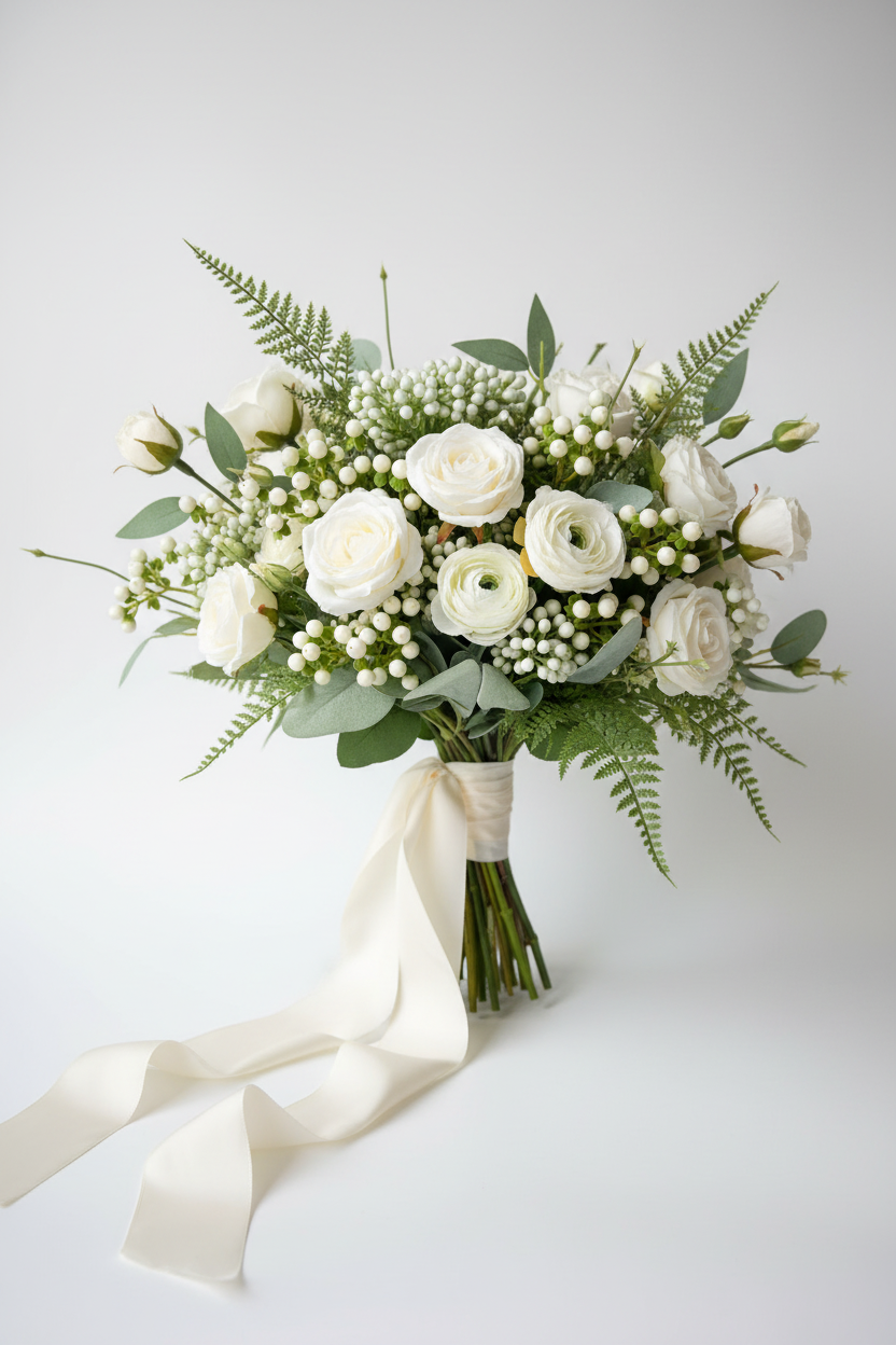 Artificial White Cluster Berry Stem, Bunch of 8 Sections.