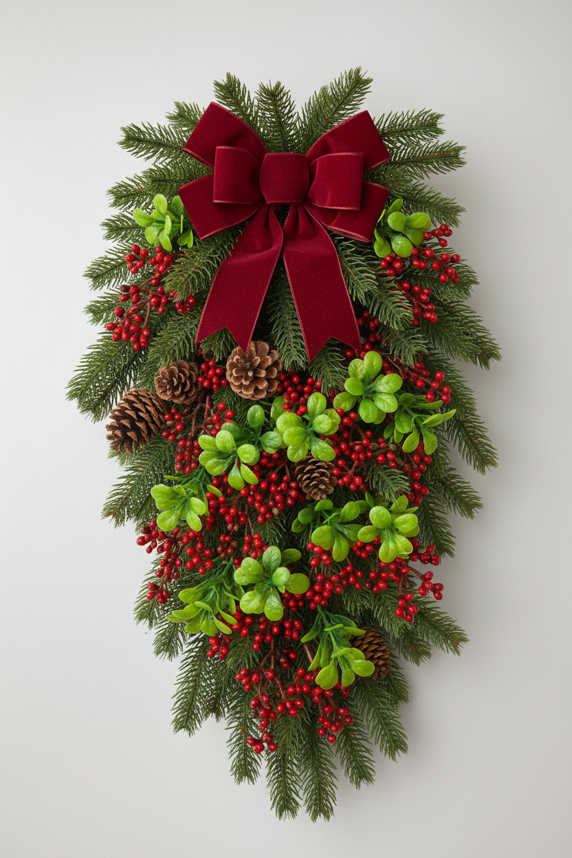 Artificial red berry and foliage stems styled in a festive Christmas door swag with red berries, pine cones, green fir branches and a large red velvet bow on white background