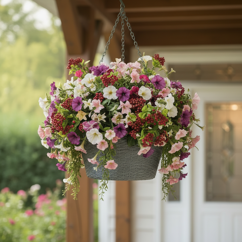Artificial red berry and foliage stems styled in a lush summer hanging basket with pink, purple and white petunias and trailing green ivy on a wooden porch