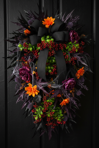 Artificial red berry and foliage stems styled in a dramatic Halloween door wreath with dark foliage, orange gerberas, purple chrysanthemums and a black satin bow on a dark front door
