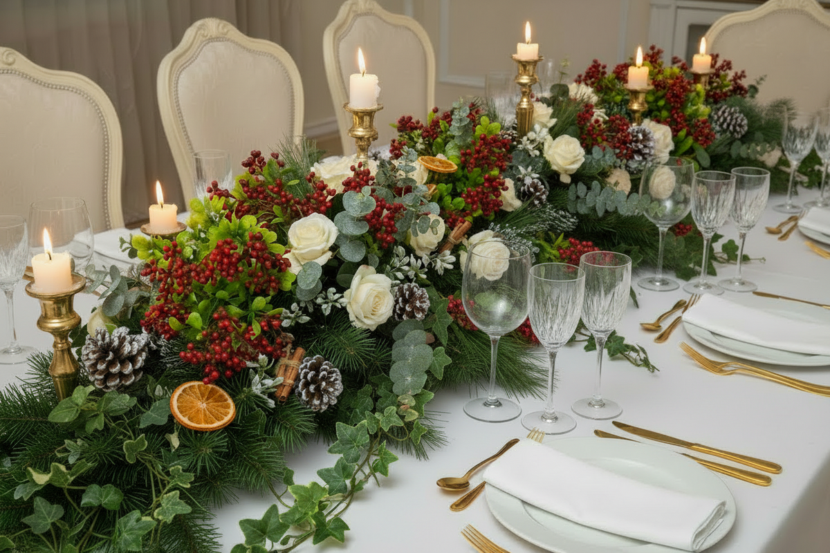 Artificial red berry and foliage stems styled in an elegant Christmas wedding table runner with white roses, red berries, pine cones and candles on a white linen banquet table