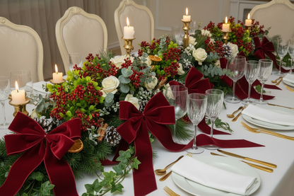 Artificial red berry and foliage stems styled in an elegant Christmas wedding table runner with white roses, red berries, pine cones, candles and red velvet bows on a white linen banquet table